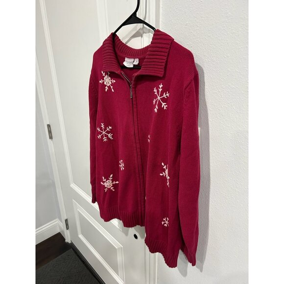 Sonoma Life Style Full Zip Cardigan Sweater Red Plus Sz 2X Snowflakes Holiday - Picture 3 of 10